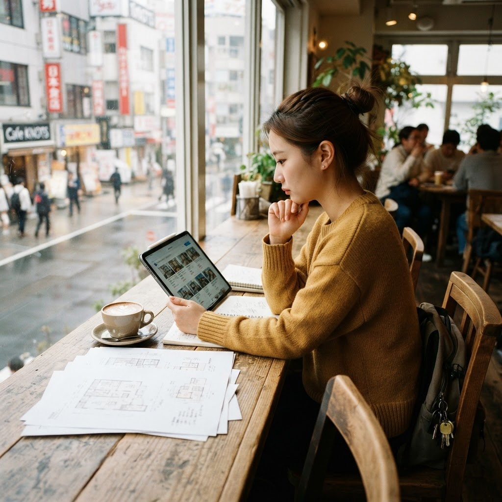タブレットで東京の賃貸物件を検討している様子